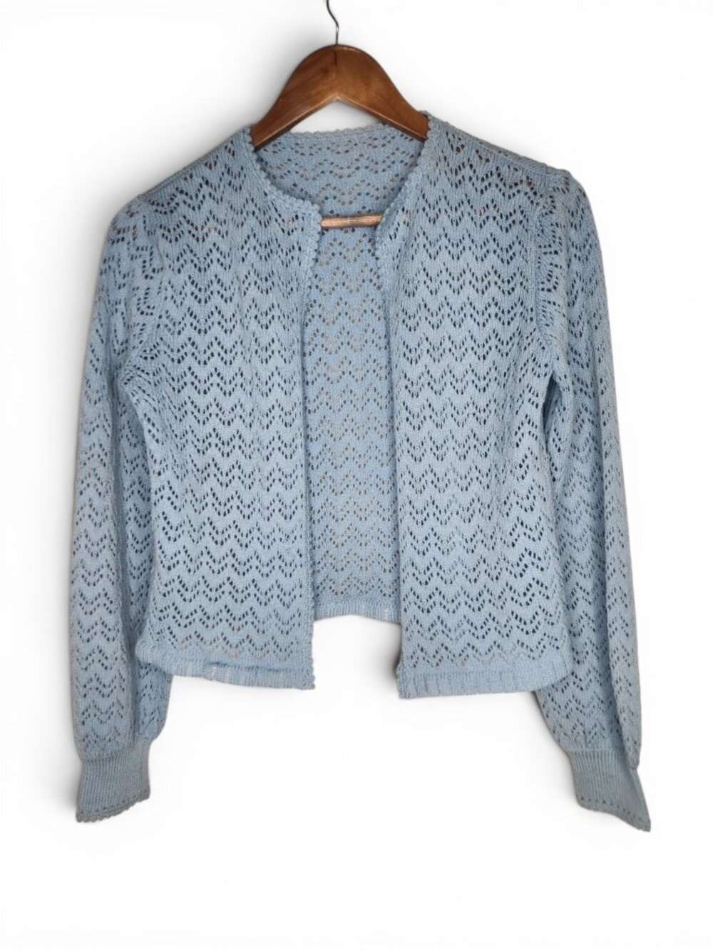 1970s Blue Vintage Pointelle Open Front Cardigan Sweater Size M